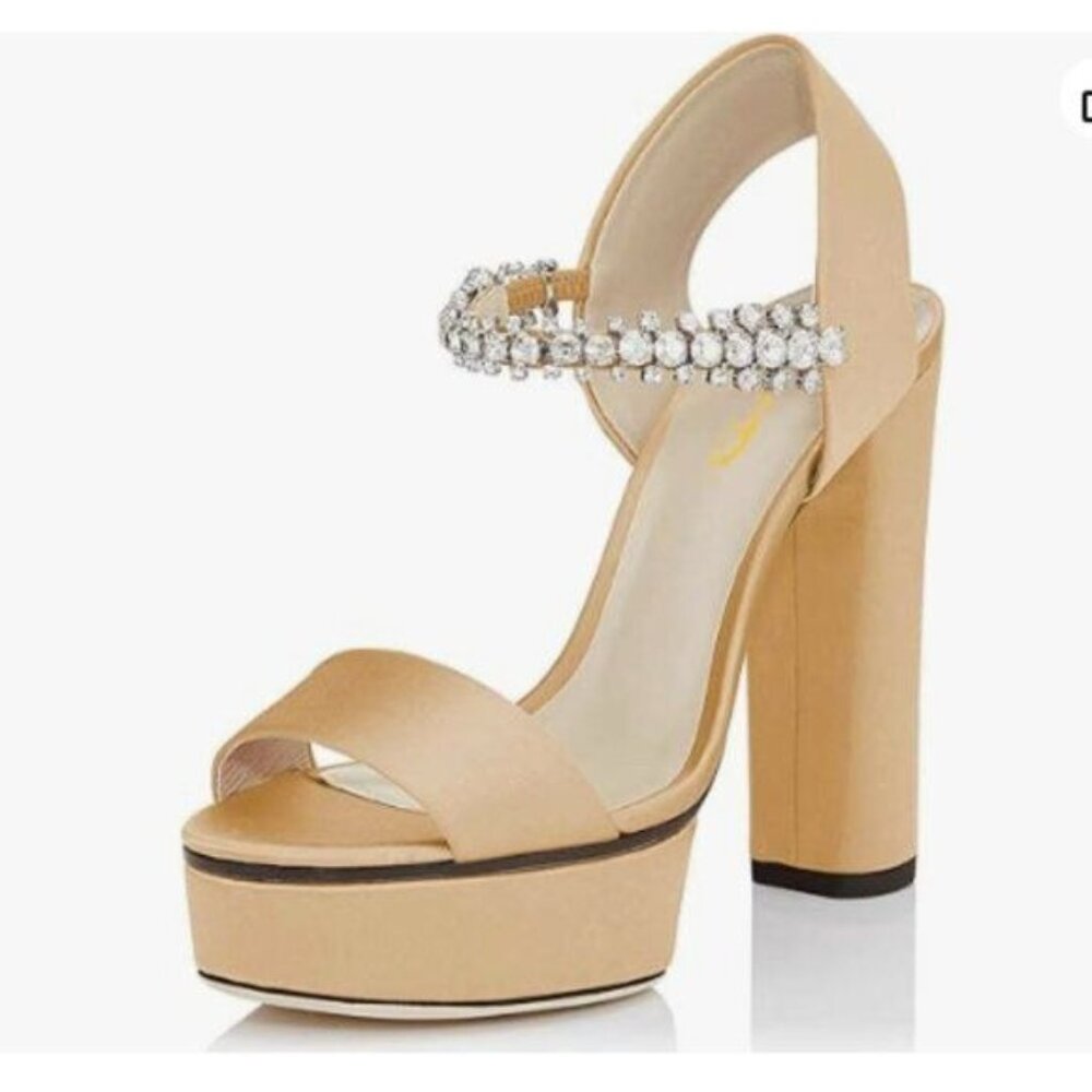 XYD Women Open Toe Strappy Platform Sandals Rhinestone Slingback High Chunky Tan